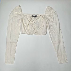 NASTY GAL COTTAGE CORE LINEN TIE FrONT LONG SLEEVE CROP TOP SZ S - NWT